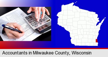 an accountant at work; Milwaukee County highlighted in red on a map