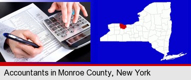 an accountant at work; Monroe County highlighted in red on a map
