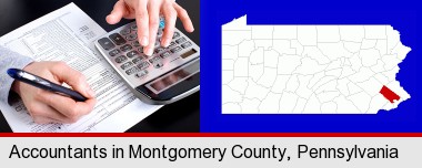 an accountant at work; Montgomery County highlighted in red on a map