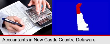 an accountant at work; New Castle County highlighted in red on a map