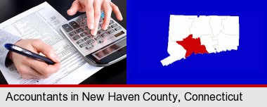 an accountant at work; New Haven County highlighted in red on a map