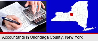 an accountant at work; Onondaga County highlighted in red on a map