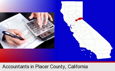 an accountant at work; Placer County highlighted in red on a map