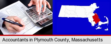 an accountant at work; Plymouth County highlighted in red on a map