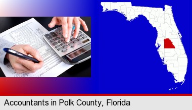 an accountant at work; Polk County highlighted in red on a map