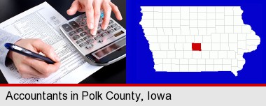 an accountant at work; Polk County highlighted in red on a map