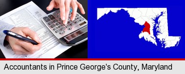 an accountant at work; Prince George's County highlighted in red on a map