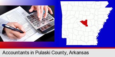 an accountant at work; Pulaski County highlighted in red on a map