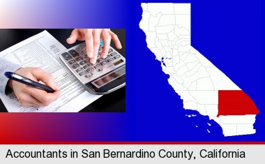 an accountant at work; San Bernardino County highlighted in red on a map