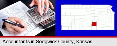 an accountant at work; Sedgwick County highlighted in red on a map