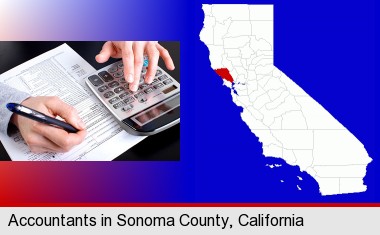 an accountant at work; Sonoma County highlighted in red on a map