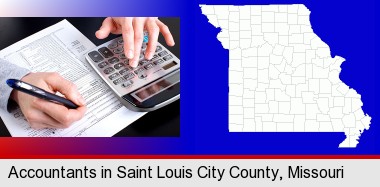an accountant at work; St Louis City highlighted in red on a map