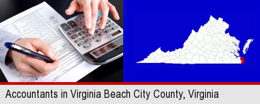 an accountant at work; Virginia Beach City County highlighted in red on a map
