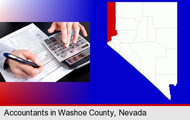 an accountant at work; Washoe County highlighted in red on a map