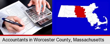 an accountant at work; Worcester County highlighted in red on a map